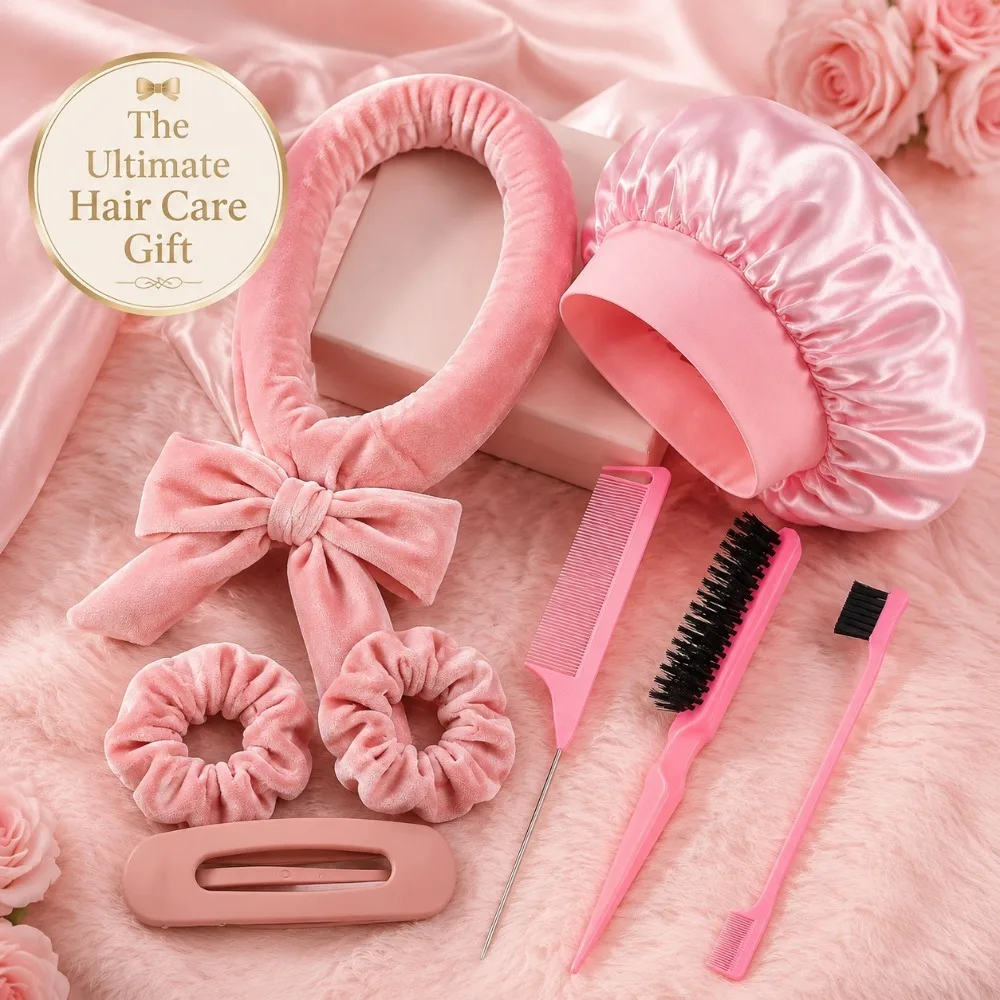 8/5/4 pièces Ensemble de bouclage sans chaleur pour la nuit, comprenant Bonnet en satin, Boucleur sans chaleur, Brosse à bords, Chouchous, Peigne noir, Peigne cadeau, Outils de coiffure