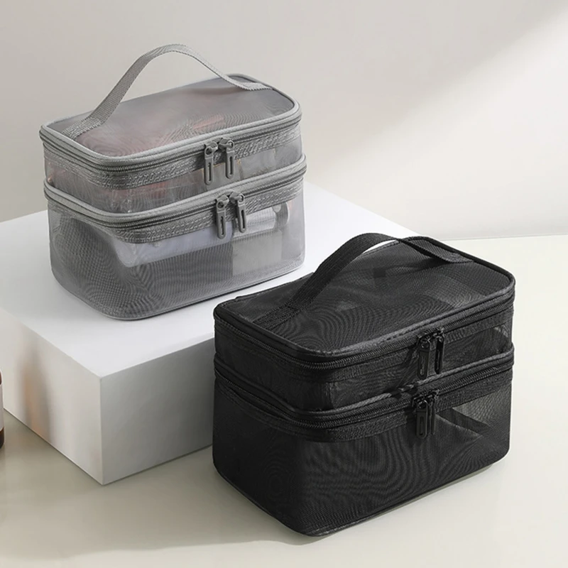 Portable Handheld Makeup Bag Transparent Folding Travel Organizer Bag 2 Layers Mesh Zipper Storage Bag Large Capacity Wash Pouch