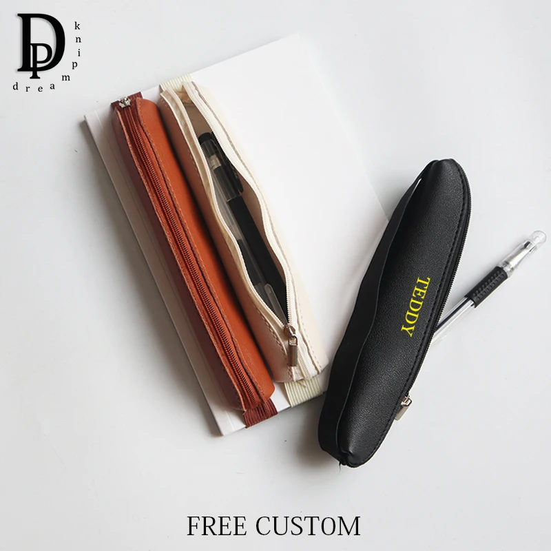 

Custom Name Pen Holder Student School Business Office Stationery Notebook Storage Pen Slot Leather Zip Strap Portable Pencilcase