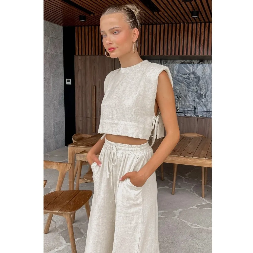 Summer Vacation Two Piece Suit Sleeveless Tank Long Pant Cut Linen Garment Ramie Cotton Euro America Style Tank Outfit Set