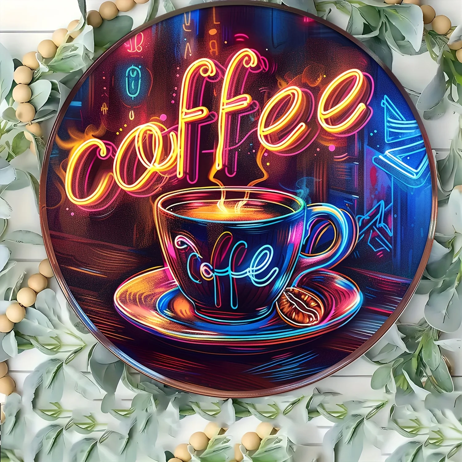 Panneau métallique décoratif mural rond 2D effet néon café, 8x8 pouces, facile à accrocher, pour la maison et le bureau