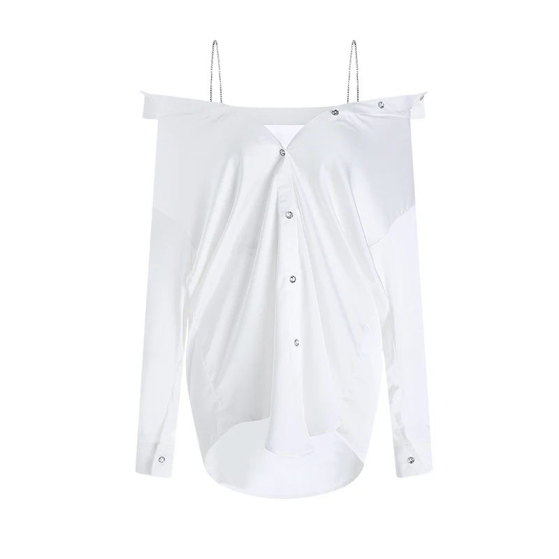Sexy Mousse Summer Ladies Nightgown Solid Satin Sexy Deep V Diamond Chain Pajamas Loose Simple Shirt Women Home Clothes Set
