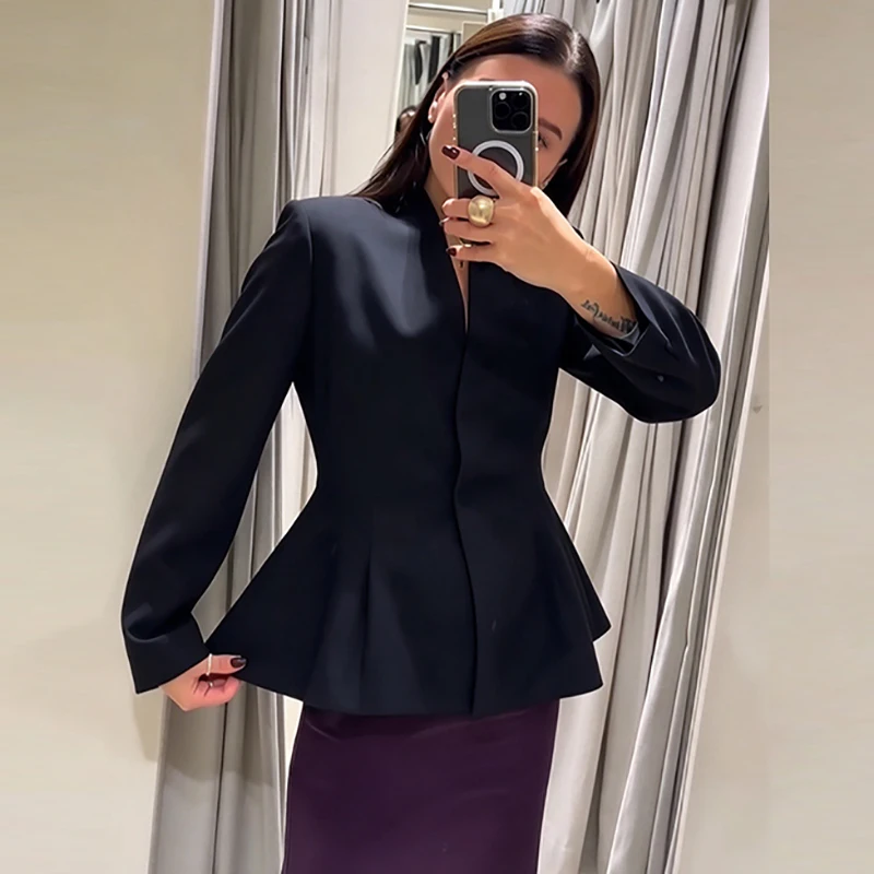 Women V Neck Peplum Blazer Long Sleeve Slim Fit Solid Black Flared Hem Suit Jacket Elegant Office Commuter Outerwear