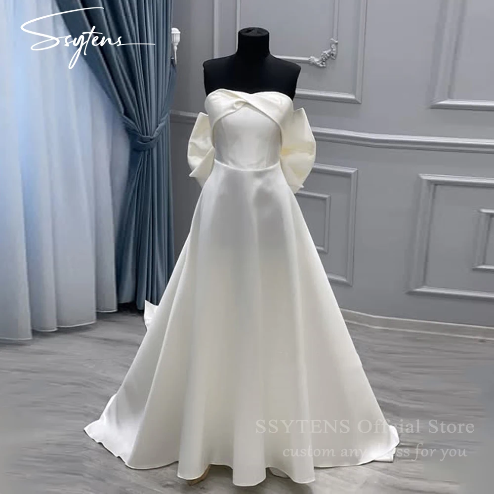 

SSYTENS Elegant Ivory Satin Wedding Dresses A-Line Bow Women Strapless Civil Bride Dresses 2025 Vintage Bridal Gowns Customized