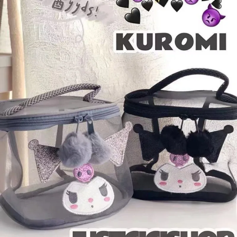 Sanrios boneka anime Kuromi Kawaii gadis mencuci tas kosmetik ritsleting kartun mesh penyimpanan tas portabel setan kecil hadiah ulang tahun