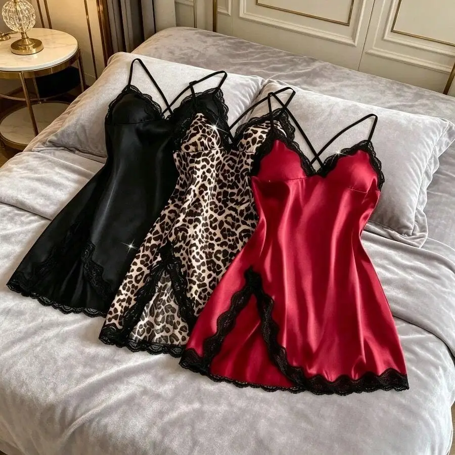 

Womens Satin Lace Leopard Print Spaghetti Strap Slip Dress With Side Slit