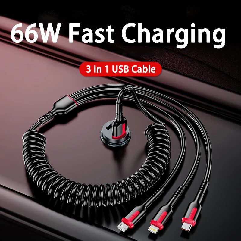 3 in 1 66W Fast Charging Cable Type C Cable Micro USB Cable for iPhone Charging Cable for Samsung Xiaomi Huawei Charger Cable