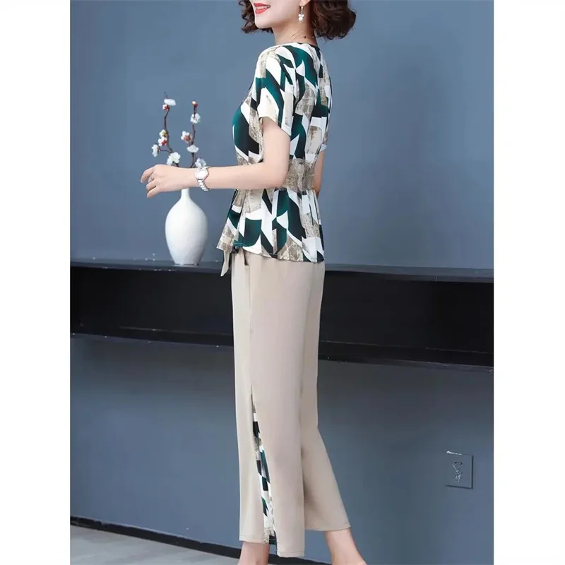 Middle-aged Mother's Summer Women Chiffon Top Short-sleeved Two-piece Set Female Wide leg Pants Suit 2023 New Loose Sets XL-5XL