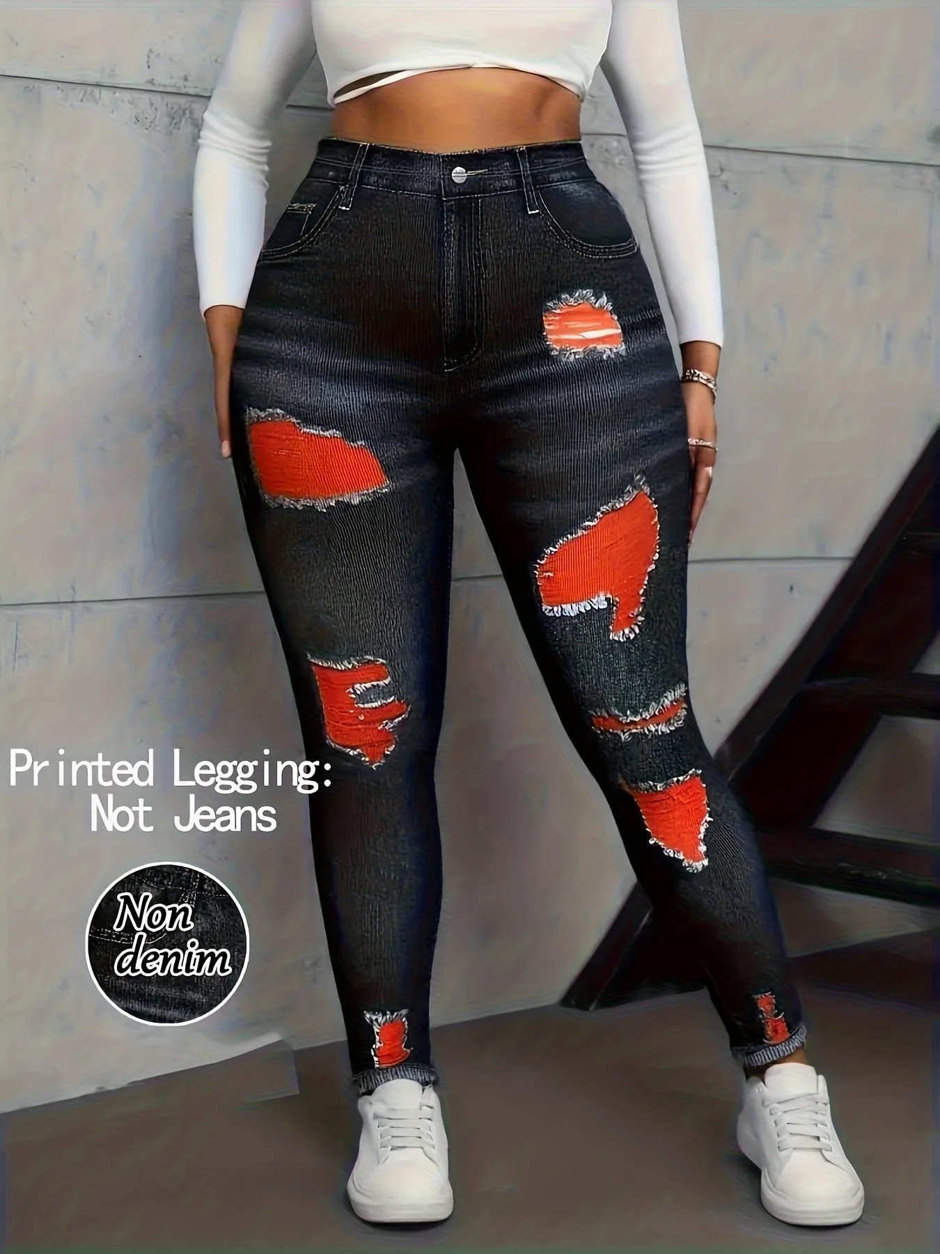 Women High Waist Slim Fake Denim Floral Print Long Pants, Casual Sports Daily Wear