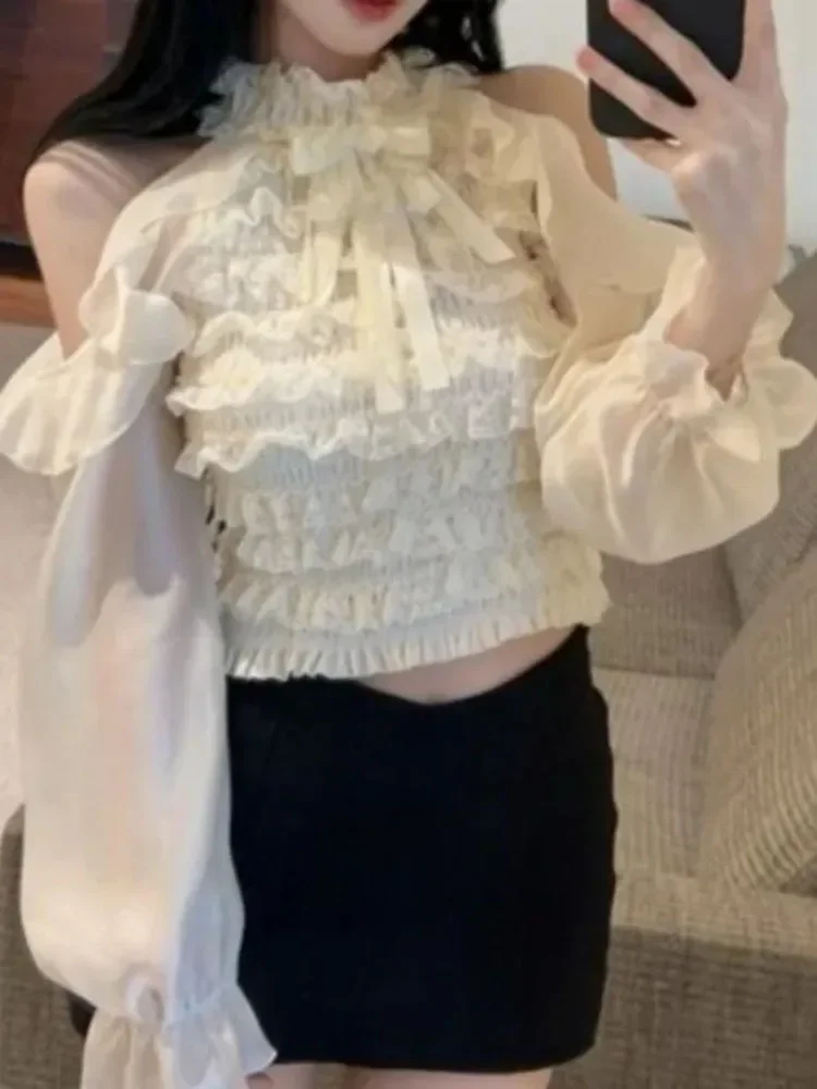 Femme chemises et chemisiers volants printemps automne court Blusas Mujer solide mode coréenne licou élégant rétro Camisas