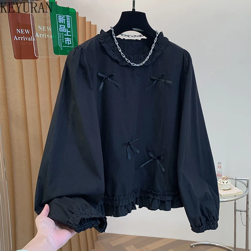 

Korean Style Sweet Ruffles Bowknot Black Shirt Women Clothing 2026 Spring New Round Collar Long-sleeved Casual Loose Blouse Tops
