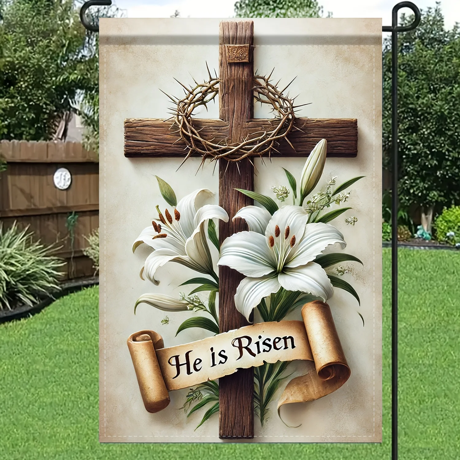 [Easter Resurrection Cross Yard Banner] 1pc Easter Resurrection Garden Flag, Double-Sided Polyester Cross and Lilies Yard Banner