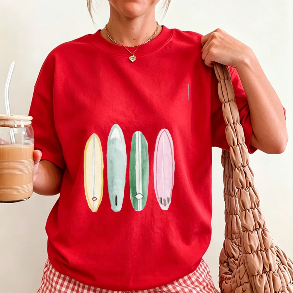 Four Pastel Color Hand Drawn Surfboards Horizontal Print Women Cotton T Shirt Minimalist Beach Ocean Summer Holiday Casual Tees