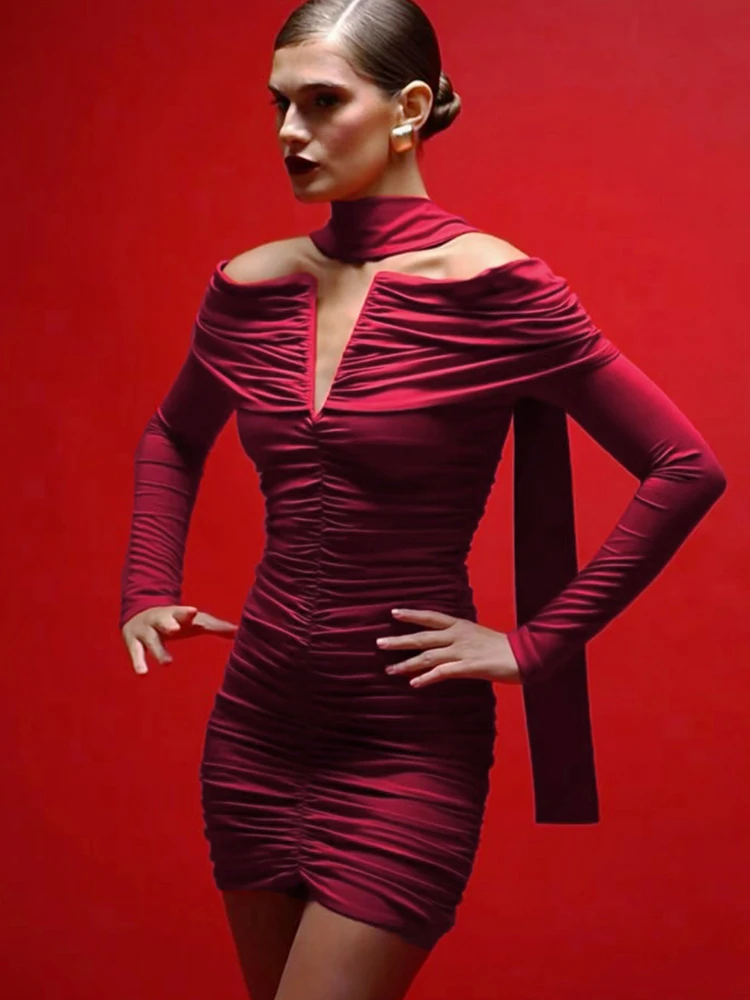 Sukienka Kliou Sexy Fashion + Jednolity Szal Damski Dekolt typu Slash Bez Pleców Długi Rękaw Obcisła Elastyczna Sukienka na Bal Studniówkowy Marszczona Elegancka Mini Bodycon