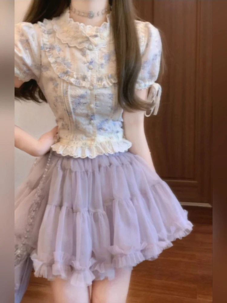 

Sweet Floral Lace Short Sleeve Women's Top And Puffy Skirt Set Korean Style High Waist A-Line Summer Casual Fashion plus Size