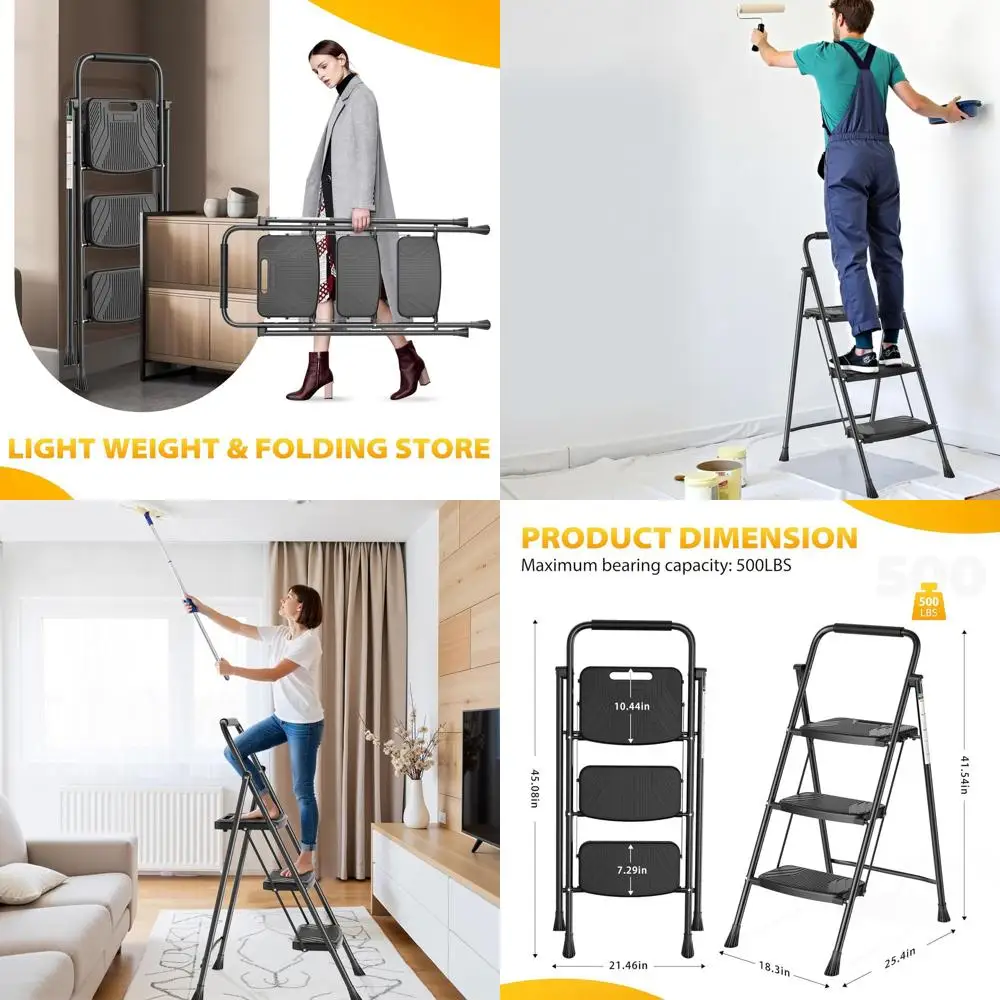 

Folding 3-Step Ladder with Wide Anti-Slip Treads, Handrail, Safe-Lock, Lightweight, 500lbs Capacity, Durable Steel, Black