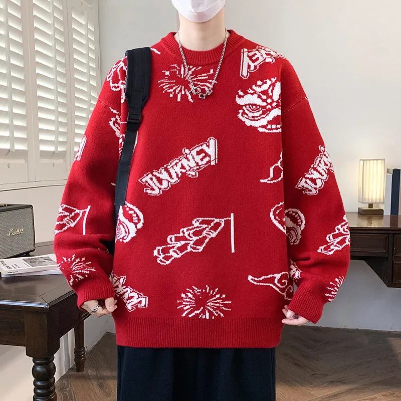 

Новый мужской вязаный свитер 2025 года, парная зимняя одежда, красный трикотаж, молодежный, мягкий, с длинным рукавом, круглым вырезом, деформируемый
