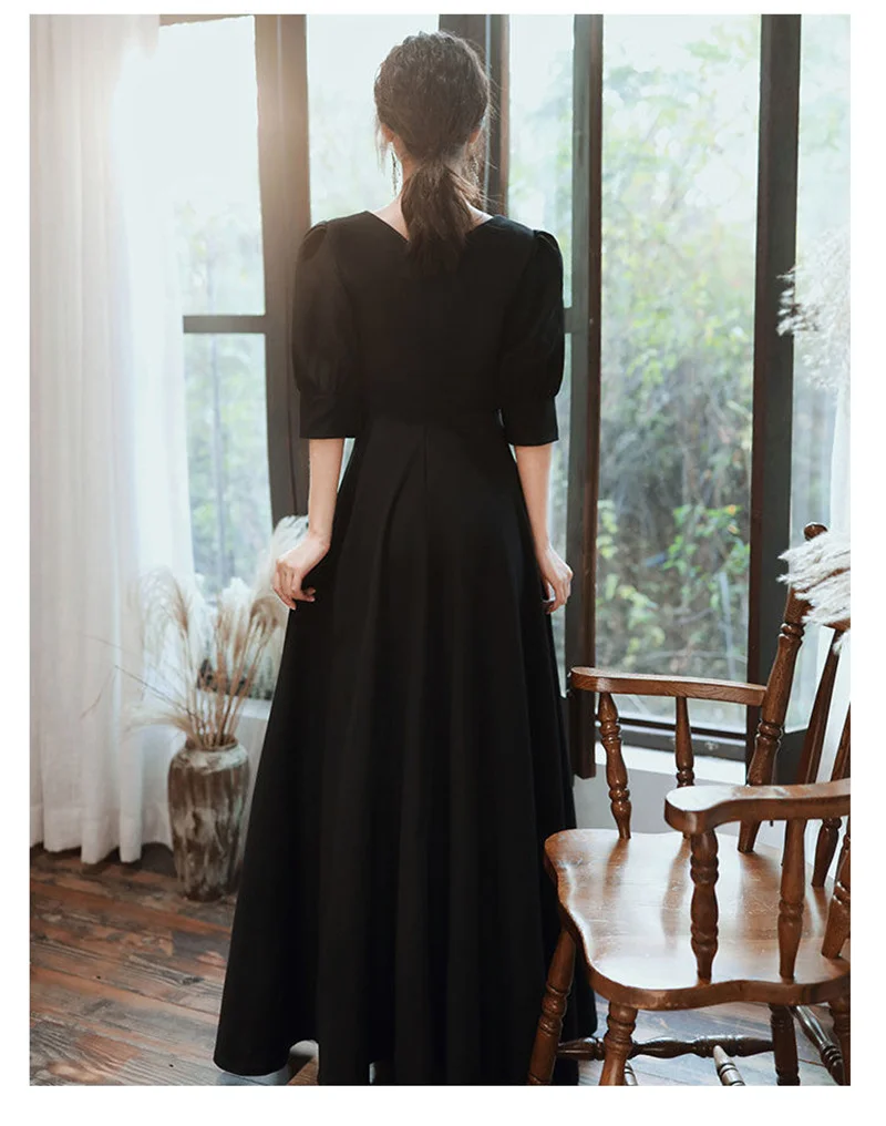 Vestido de noite longo preto feminino, simples e elegante, estilo rainha, para banquete, normal, novo estilo, primavera e outono, 2023