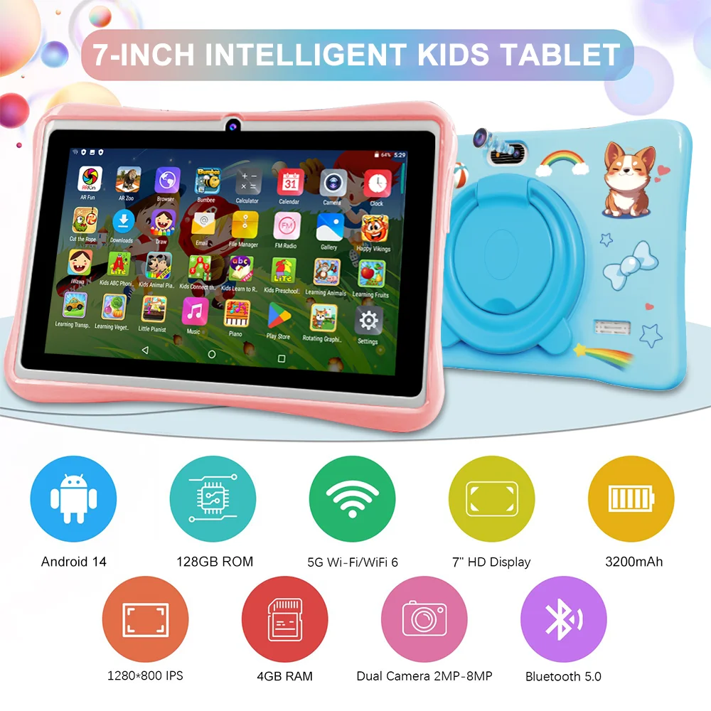 

7" inch Children's Tablet Cartoon Shell Computer Octa Core Dual Cameras Dual Phone Call Tablets Bluetooth Wifi 4GB+ 128GB ROM