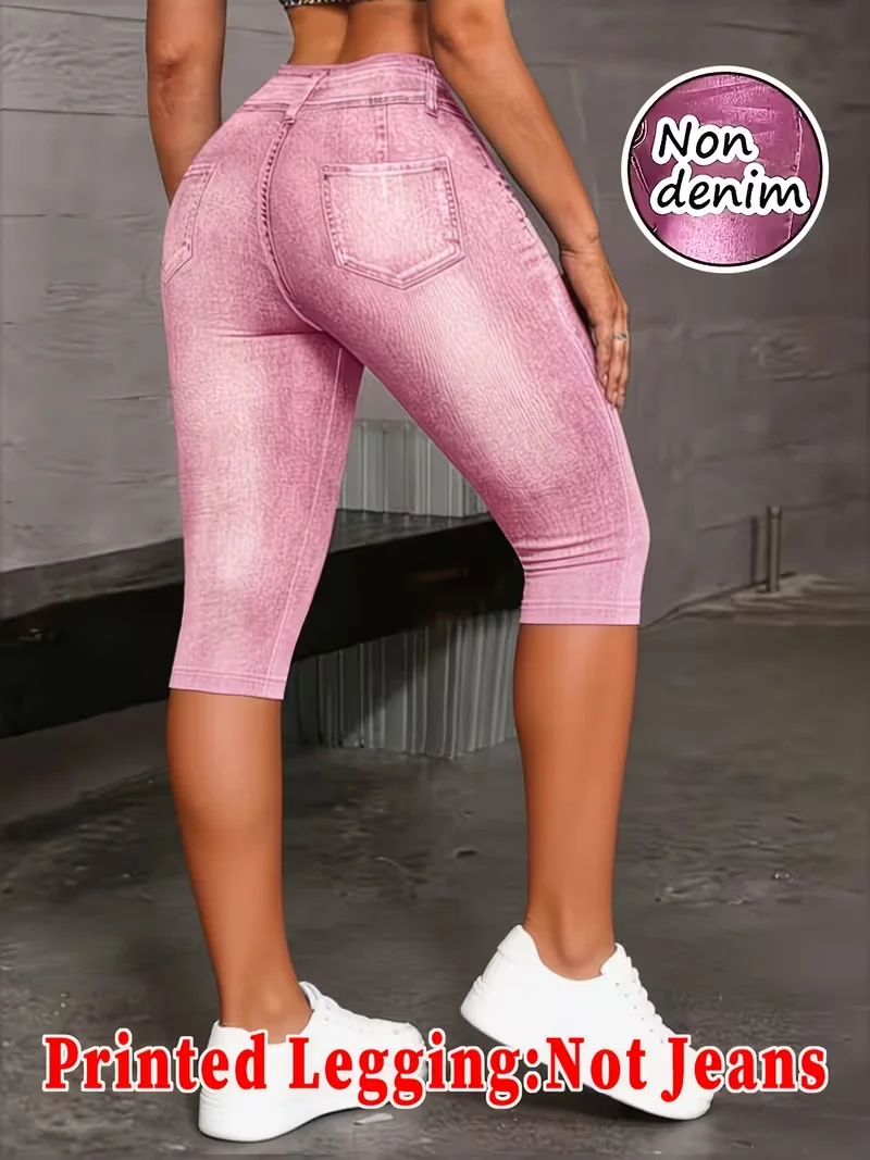 Printed Leggings, Not Denim Fabric, Fake Pocket & Button Print Capri Pants, High‑Stretch New Fashion Skinny Pants
