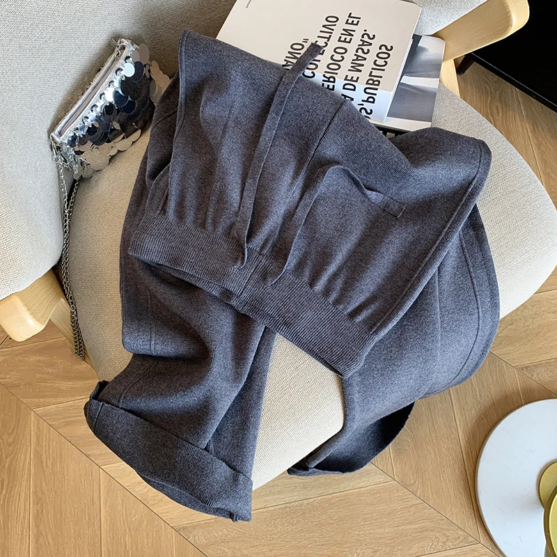 

Брюки женские трикотажные с высокой талией, драпированные, осенне-зимние, универсальные, свободного кроя, в корейском стиле, длинные, для весны...