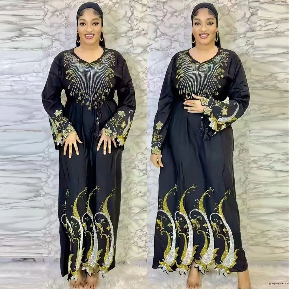 

2025 New Fashion Summer Middle Eastern Belt Hot Diamond Heavy Industry Party Colorful African Muslim Long Sleeve Loose Women's Dress