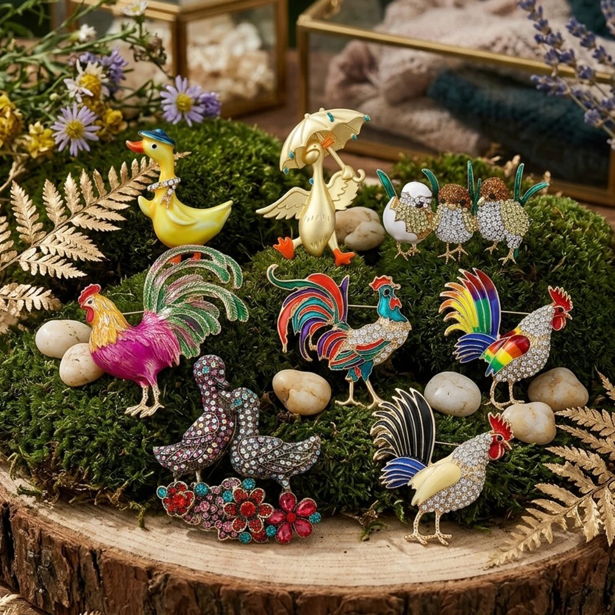 Classic Rhinestone Rooster Duck Brooches for Women Unisex Trendy Animal Pins Office Party Friend Funny Gifts Jewelry Accessories