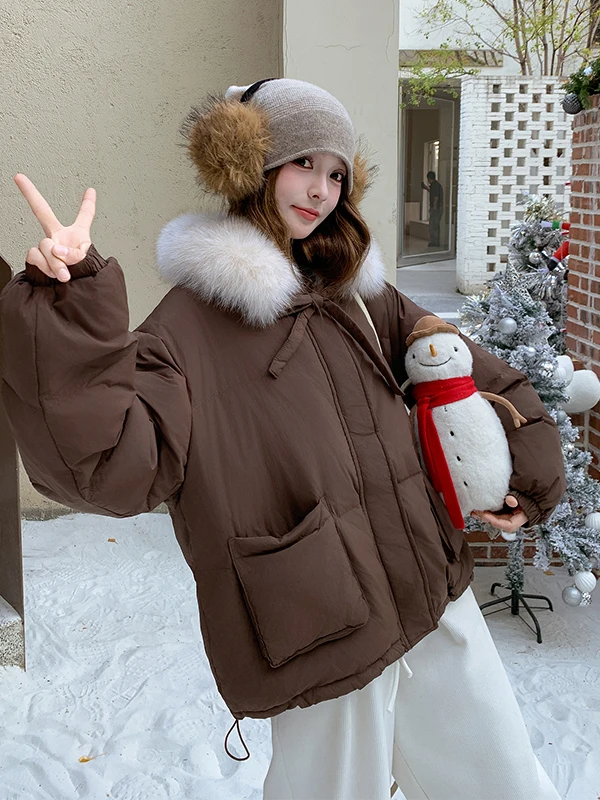 

Женская короткая пуховая куртка с большим меховым воротником, очень теплая, повседневная, белая, с наполнителем из утиного пуха, зимняя верхняя одежда