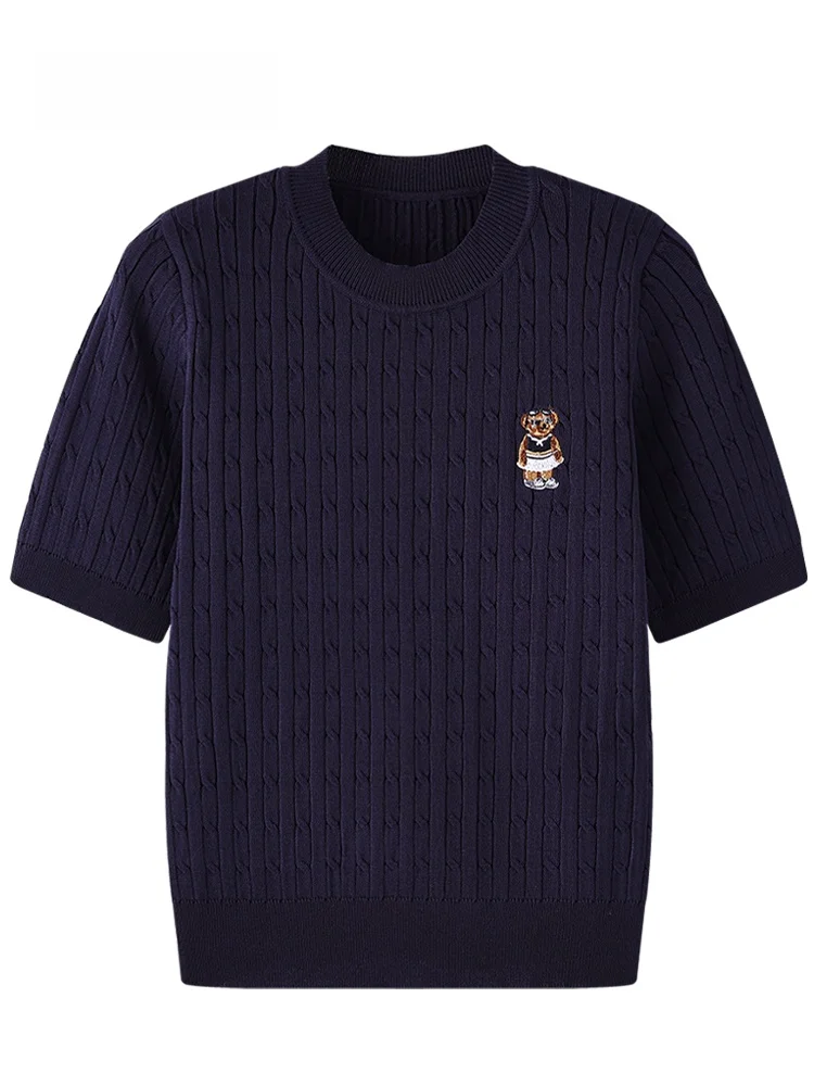 

JZZDEMM Вязаный женский летний топ с вышивкой медведя, тонкий модный круглый пуловер обычного кроя Ne