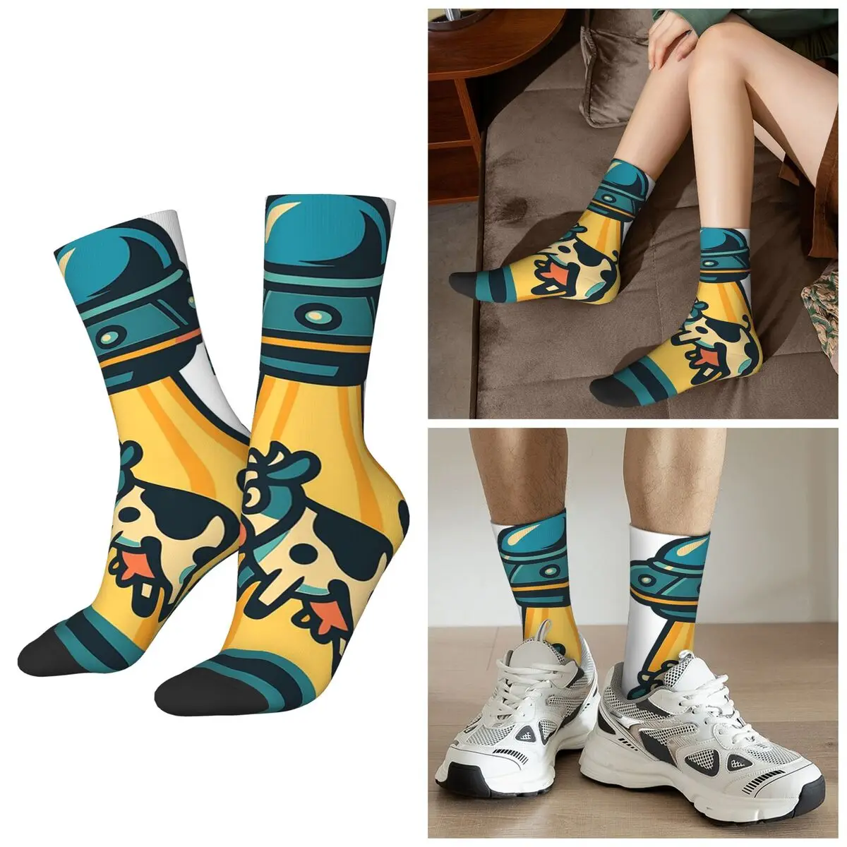 

All Seasons Cartoon UFO Kidnapped Cow Pattern Socks Harajuku Sport Middle Tube Socks High Quality Stockings for Men Women