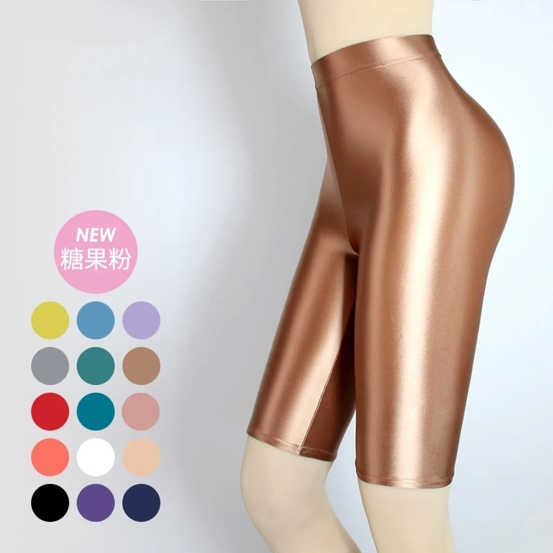 Summer Spring Glossy Satin Sexy Women Shorts Casual Plus Size High Waist Tight Knee-Length Leggings Bottoms