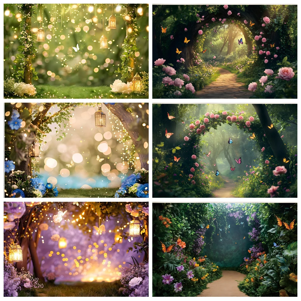 

Dreamy Purple Butterfly Photography Backdrop Wisteria Blooming Flowers Lanterns Candle Children Birthday Photo Shoots Background