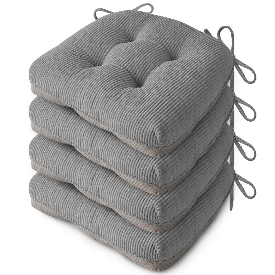 

Indoor Kitchen Chair Cushions Set of 4 18X16.5X3 Soft Anti Slip Dining Chair Pads Tufted Kitchen Seat Cushion with Ties, Grey