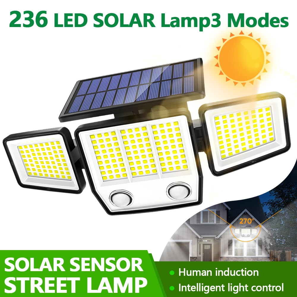 Solar Lights Outdoor 236 LED Motion Sensor Outdoor Light 3Heads IP65 Waterproof Solar Flood Security Lights for Garden Yard Path