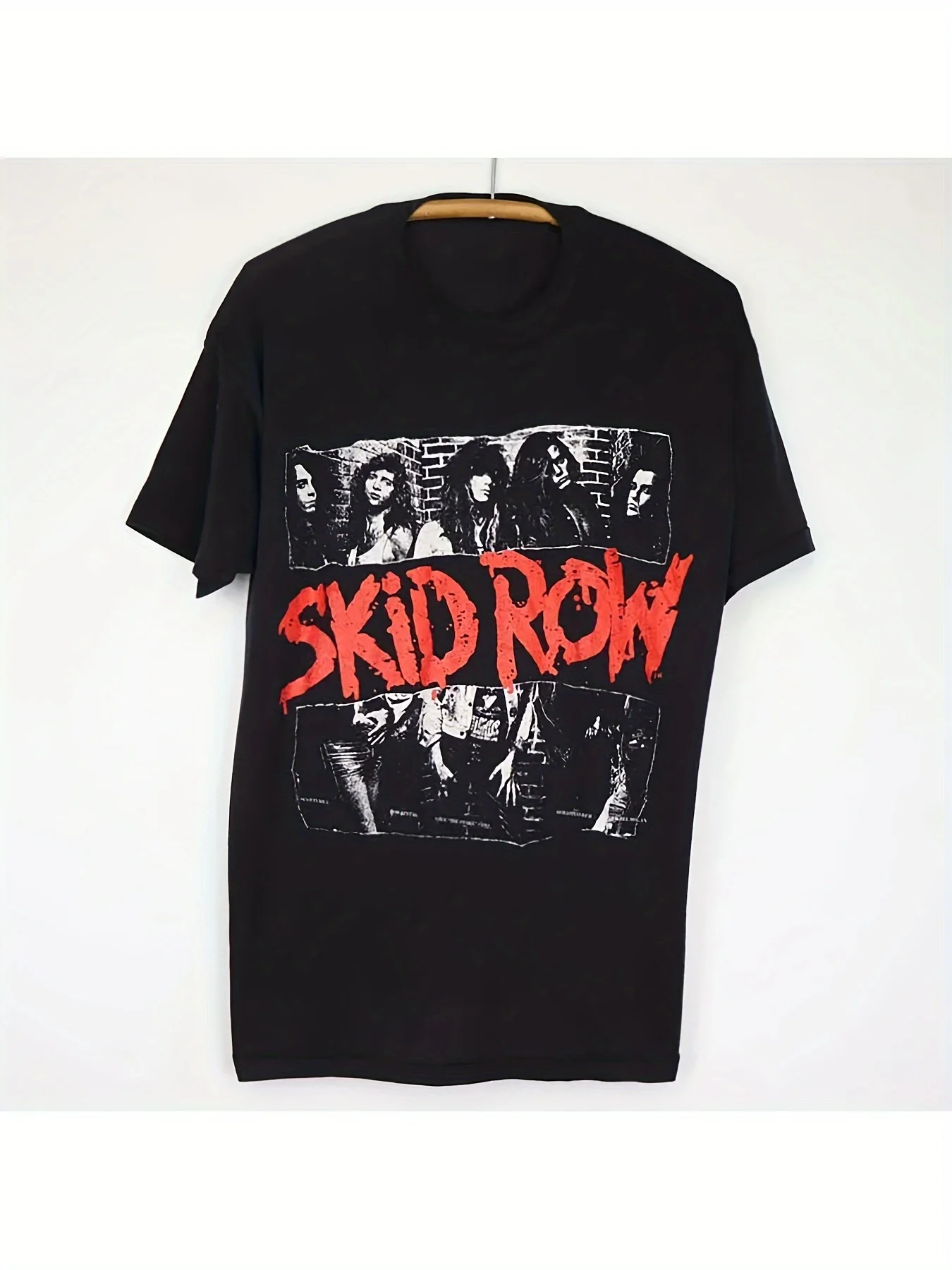 

Мужская хлопковая футболка с графическим рисунком Skid Row Band — футболка с круглым вырезом 220 г, с красными надписями и лоскутным дизайном, обычная