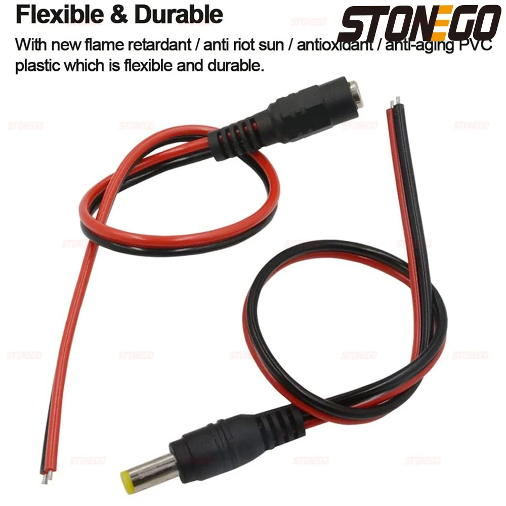 STONEGO 10/20/50PCS 12V Dc ตัวเชื่อมต่อชายหญิงแจ็คสายไฟปลั๊กอะแดปเตอร์แหล่งจ่ายไฟ 5.5x2.1 มม.