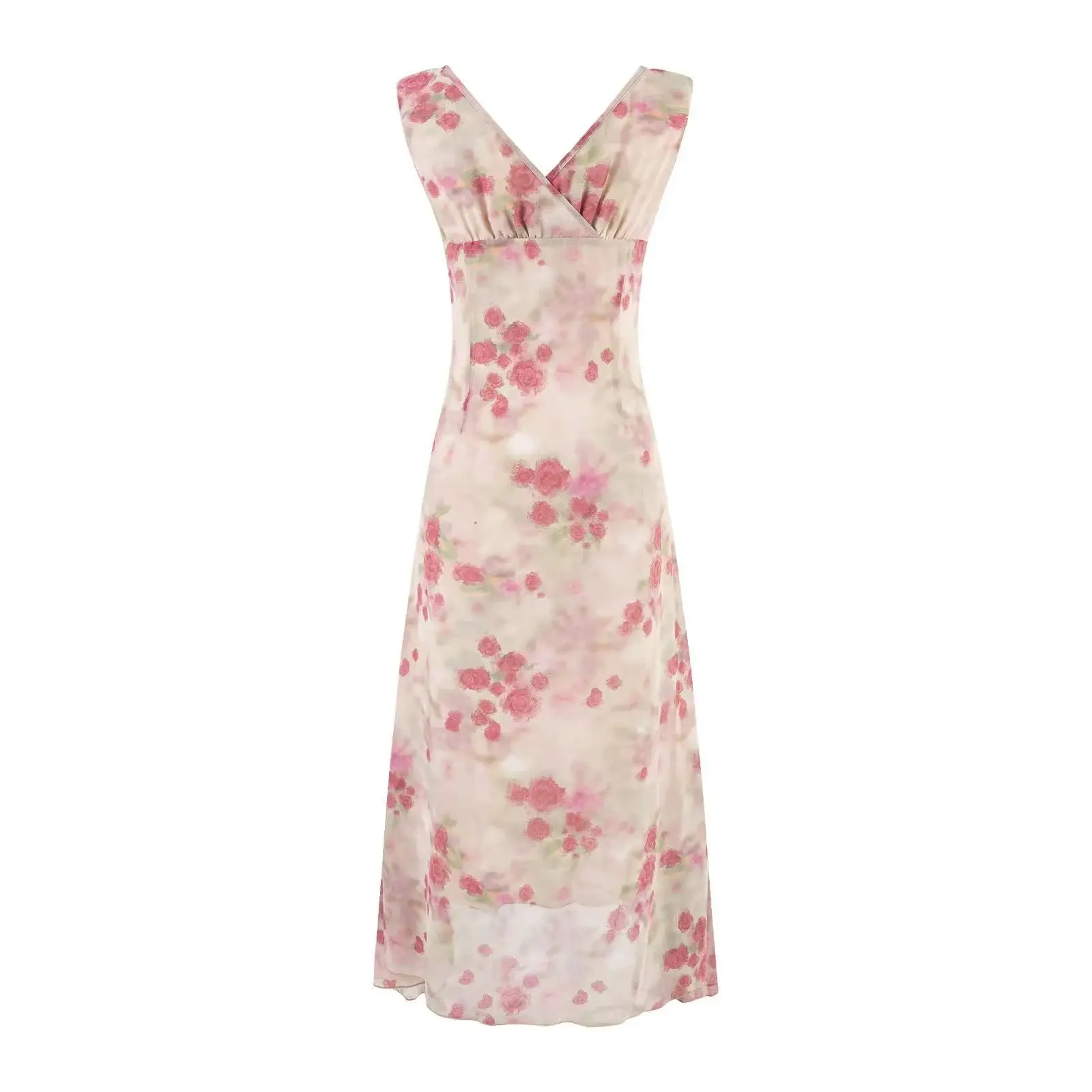 Summer Ruffles V-neck Chiffon Dress Women Sleeveless Elegant Slim Midi Dresses