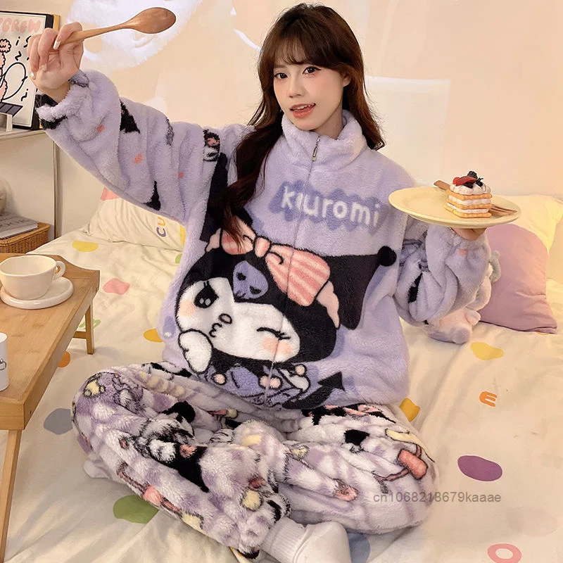 Cartoon Kuromi Coral Velvet Sleepwear Women\'s Winter New Plush Thickened Pajamas Cute Princess Style Home Clothes Two Piece Set