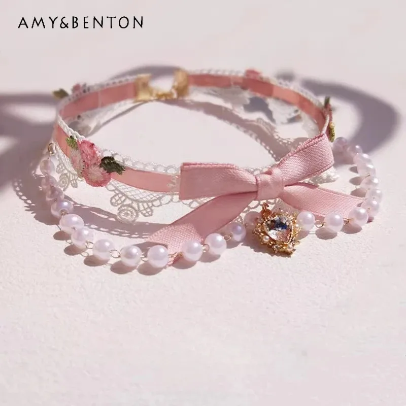 25COSOriginal Lace Pink Bow Pearl Choker Lolita Love Necklace for Women Sweet Cute Girl Double Necklaces Princess Butterfly Neck