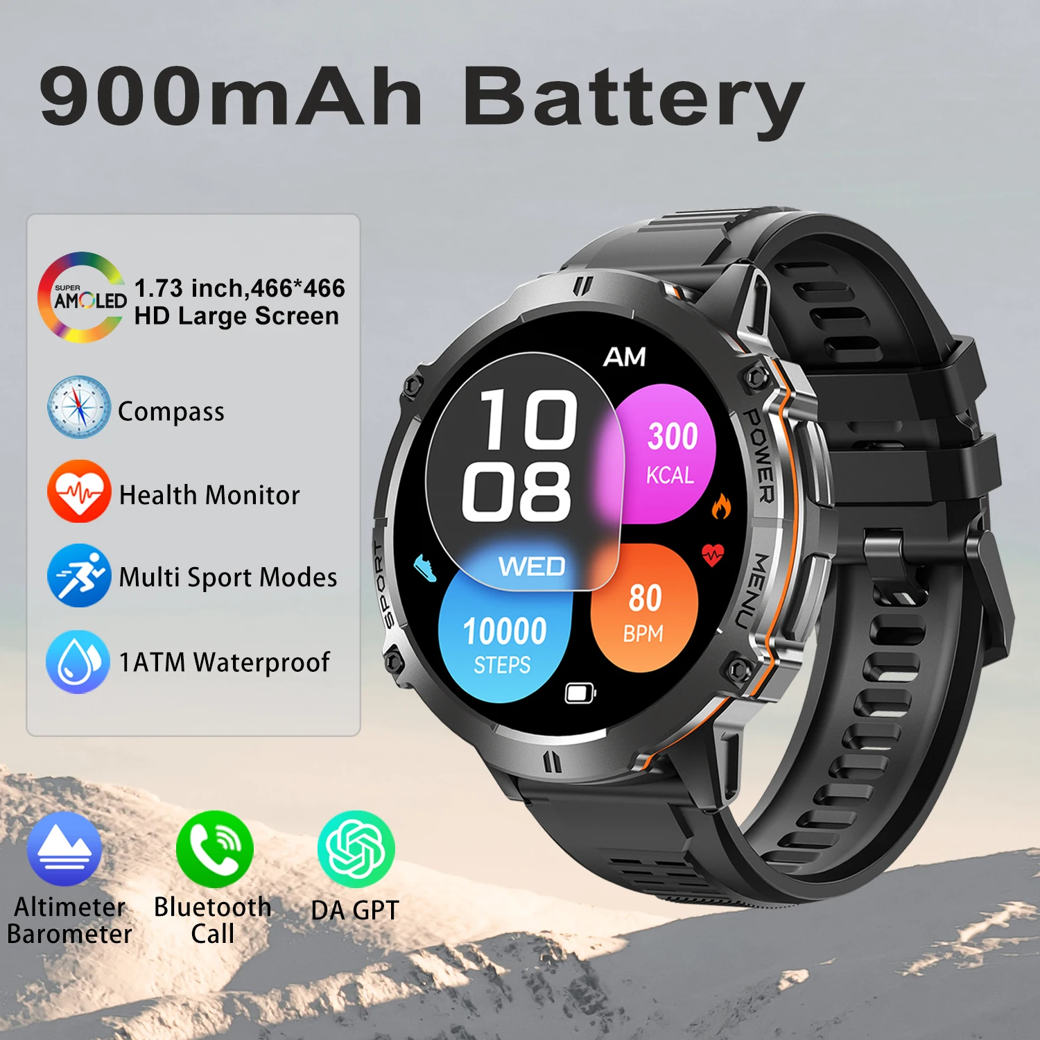 MISIRUN Military Grade 900mAh Smart Watch AMOLED Chat GPT Compass Altimeter Barometric Call Waterproof Outdoor Sport Smartwatch