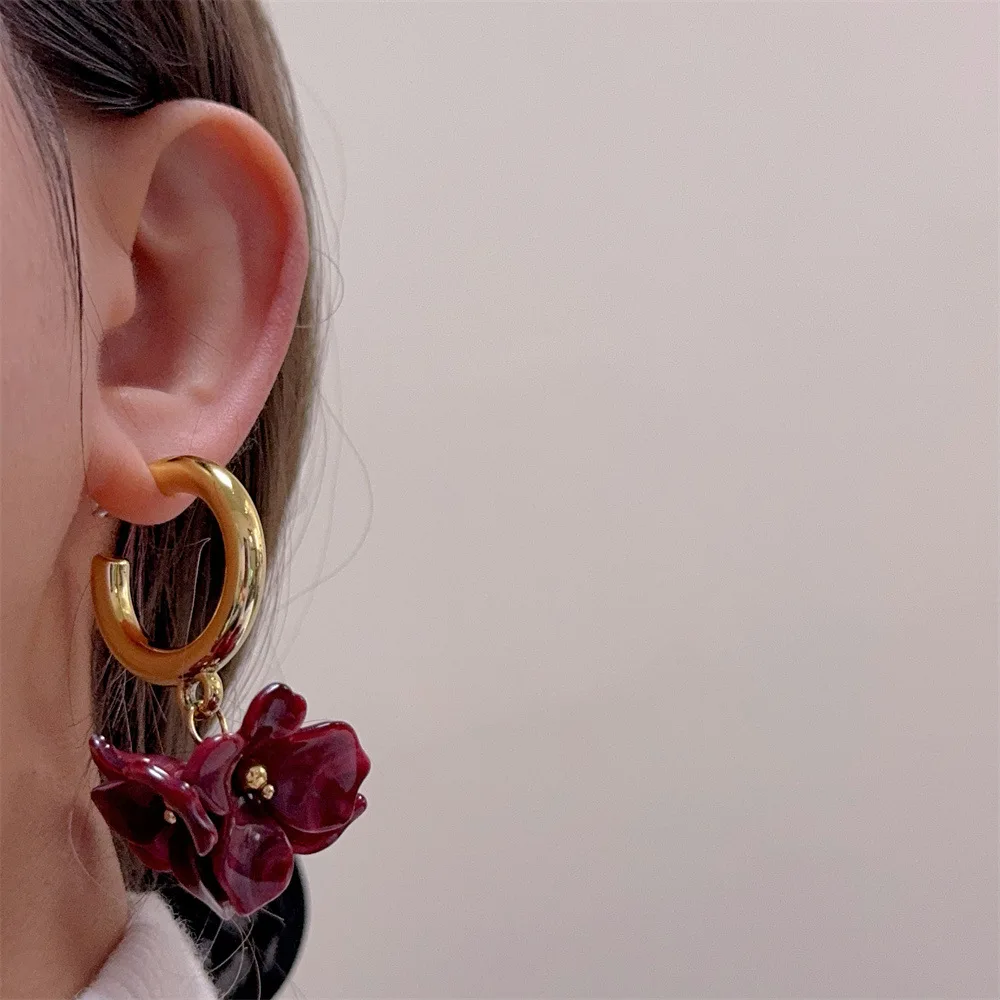 الكورية الفرنسية خمر الاكريليك مصبوغ زهرة قطرة C على شكل أقراط مزاجه الحلو مجوهرات للنساء هدايا مهرجان الحفلات #5