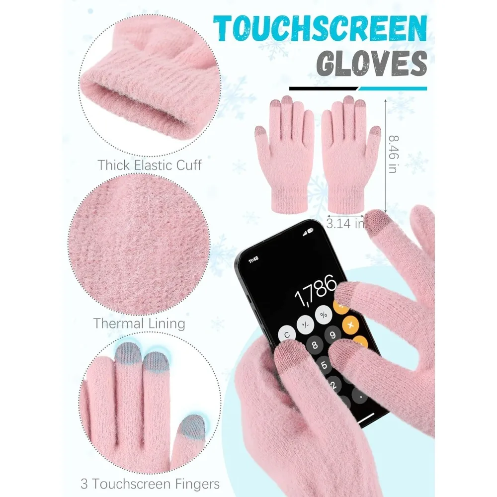 الشتاء قبعة قبعة وشاح قفازات، الدافئة الصوف متماسكة قبعة وشاح طويل الرقبة أدفأ شاشة تعمل باللمس قفازات الشتاء مجموعة هدايا للنساء