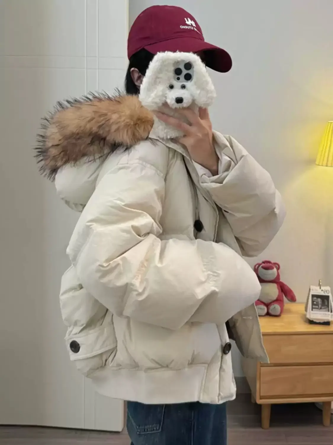 سترة كورية أنيقة مبطنة بالقطن سترات سميكة فضفاضة لشتاء 2025 سترة نسائية كبيرة الحجم بياقة فرو قصيرة جنوبية