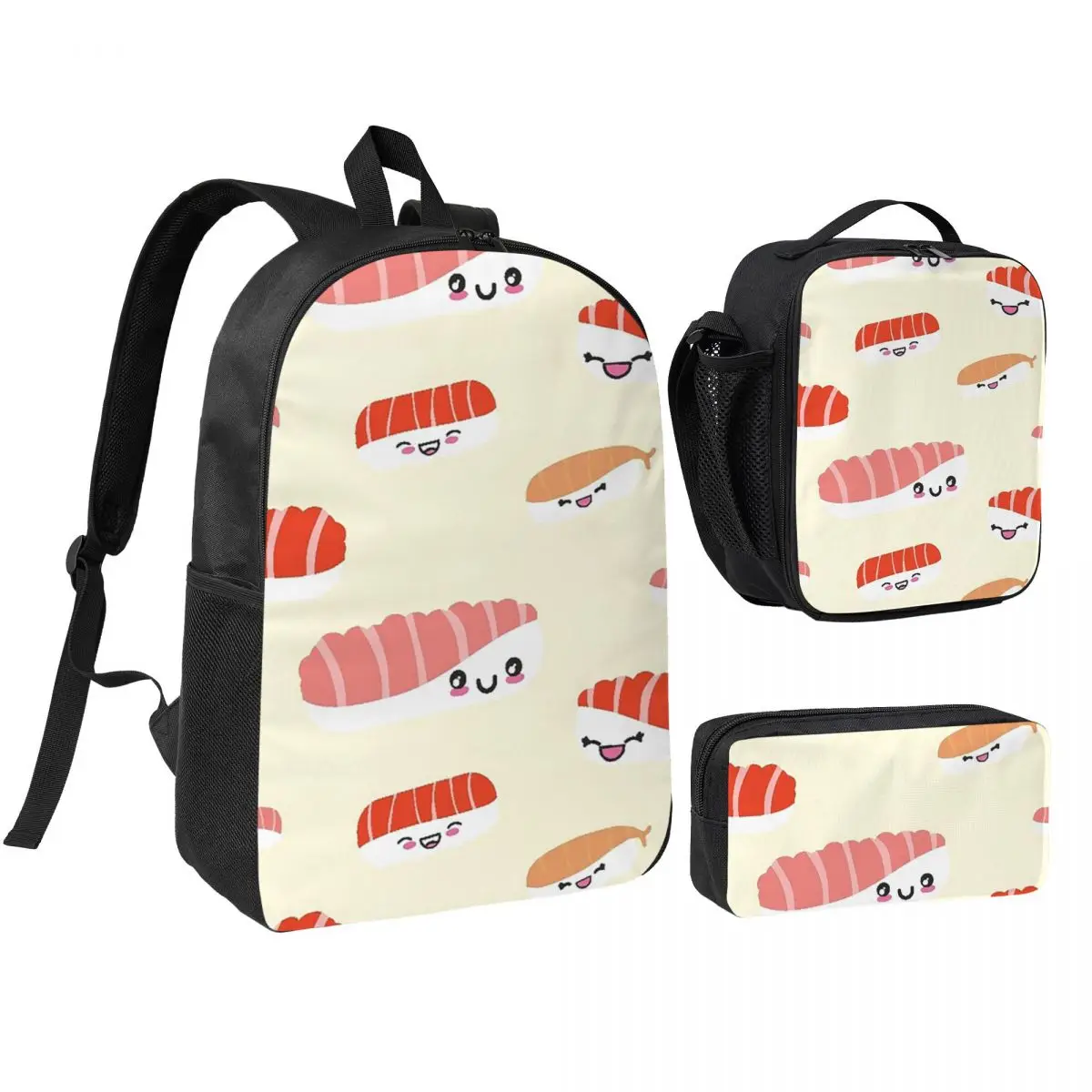Adorable Sushi Pattern Cartoon Backpack Boys Girls BookBag School Bag Shoulder Bags 3ps Insulated Lunch Bag Pencil Case