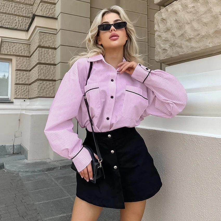Linad primavera streetwear solto com bolso camisas casual listra manga longa mulher blusa 2025 escritório turn down collar topos senhora
