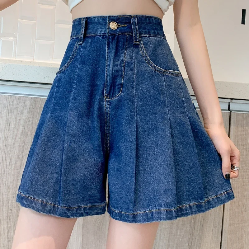 

2022 Summer Casual Women High Waisted Folds Blue Denim Skirt Shorts , Woman Ladies Loose 4xl 5xl 6xl Jeans Shorts