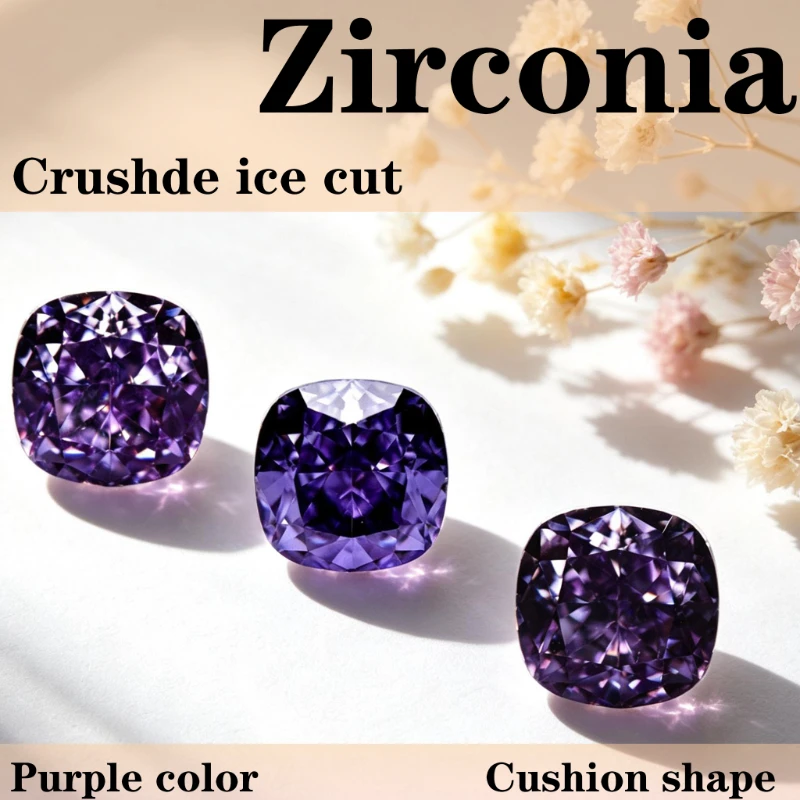 Kubisches Zirkonium, Crushed-Ice-Schliff, quadratische Kissenform, lila Farbe, 5A+ Qualität, CZ, 4K-Schliff, hochkarätiger Diamant – Detail 1
