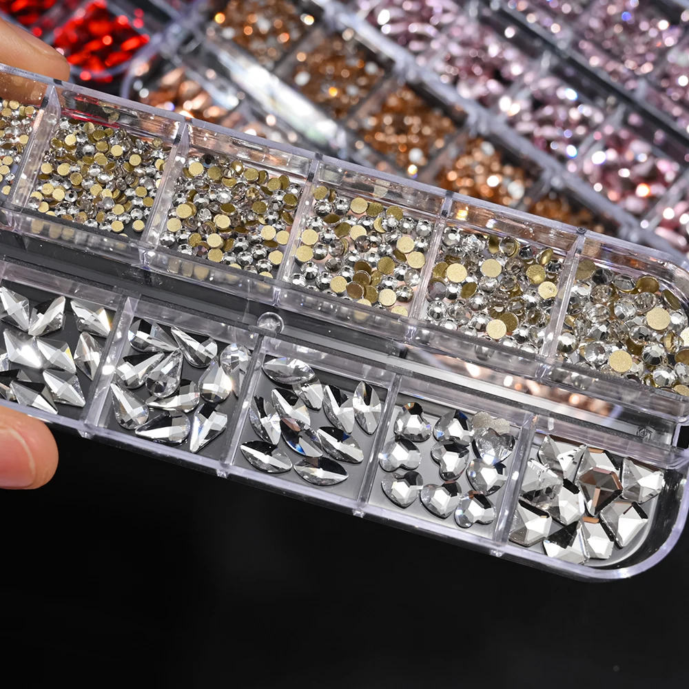 12 Grids SS4-SS16 Mixed Glass Stones Nail Rhinestones Clear/Pink/AB Diamond Luxury Gems Irregular Flatback Crystal Nail Charms
