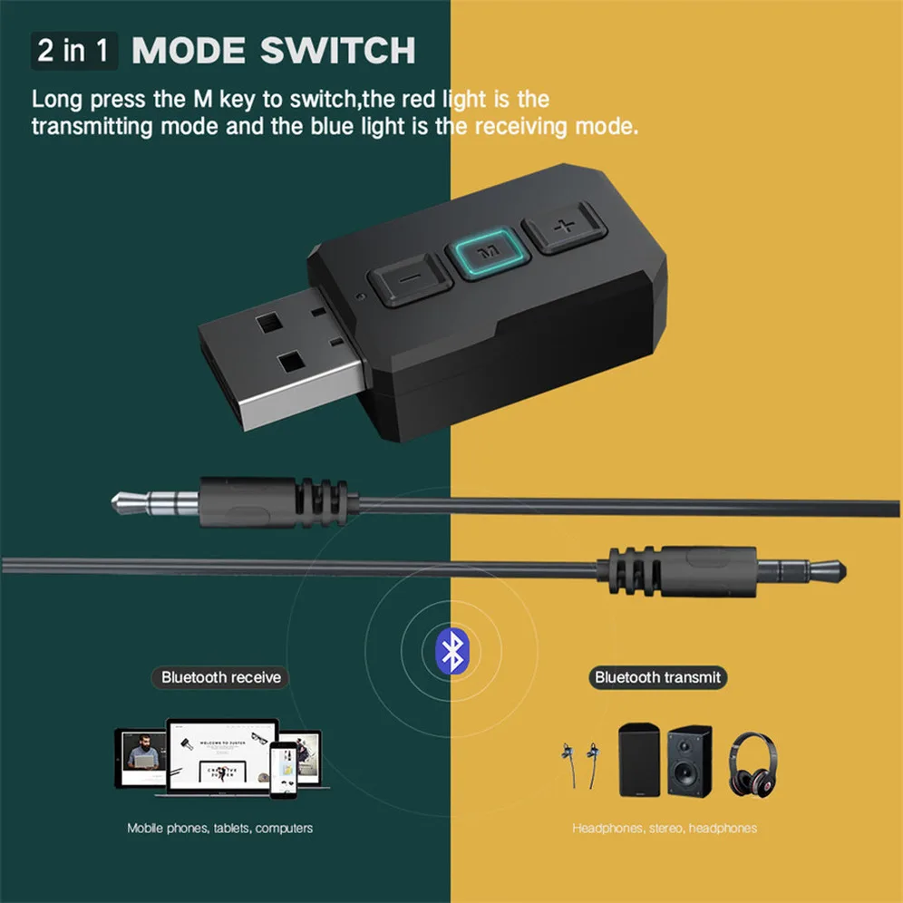 2 In 1 USB Bluetooth 5.0 Receiver Wireless Audio Adapter Transmitter MIC with 3.5mm Cable for PC TV Speaker Wireless Mouse Music