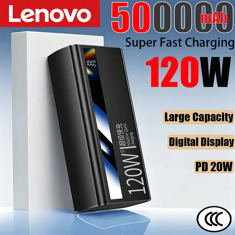 Lenovo 120W 500000mAh Capacity Power Bank Portable Super Fast Charging LED Digital Display External Battery for iPhone Samsung